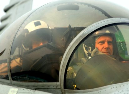 US Navy 070328-N-5345W-113 Commander, Carrier Strike Group (CSG) 10, Rear Adm. William Gortney looks out from the cockpit of an F-A-18F Super Hornet prior to his flight