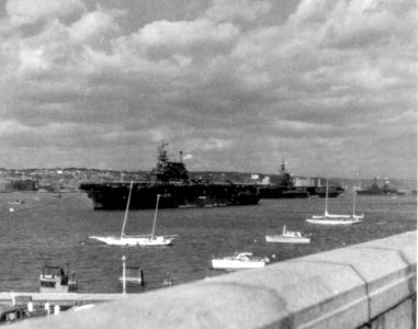 USS Enterprise (CV-6) Midway (CVB-41) and Augusta (CA-31) at anchor 1945