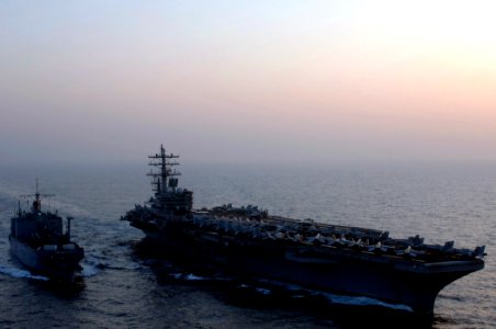 US Navy 070328-N-7130B-020 Nimitz-class aircraft carrier USS Ronald Reagan (CVN 76) comes alongside Military Sealift Command (MSC) ammunition ship USNS Kiska (T-AE 35) for an ordnance offloading evolution