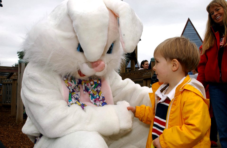 US Navy 070331-N-2143T-002 Chief Culinary Specialist James Willis plays the Easter bunny as he is greeted by children during an Easter egg hunt event