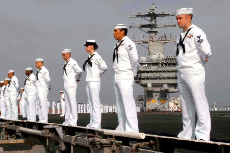 US Navy 070402-N-5484G-117 Sailors aboard nuclear-powered aircraft carrier USS Nimitz (CVN 68) man the rails