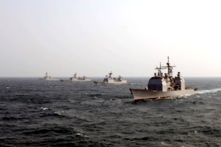US Navy 070327-N-7130B-139 A formation of ships comprised of members of the Ronald Reagan Carrier Strike Group and the Republic of Korea Navy steam in formation