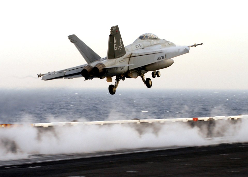 US Navy 070327-N-8446A-003 An F-A-18F Super Hornet, assigned to the Jolly Rogers of Strike Fighter Squadron (VFA) 103, launches from the flight deck of Nimitz-class aircraft carrier USS Dwight D. Eisenhower (CVN 69)