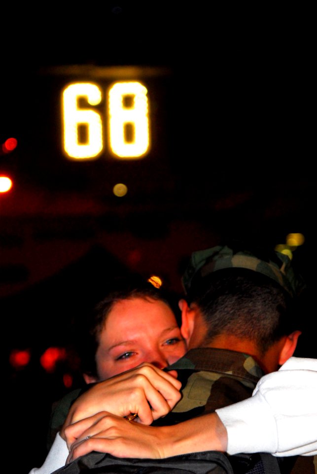 US Navy 070402-N-6326B-085 A sailor comforts his wife before nuclear-powered aircraft carrier USS Nimitz (CVN 68) departs San Diego to begin a scheduled deployment