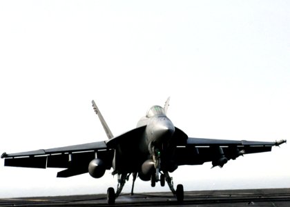 US Navy 070327-N-8446A-009 An F-A-18E Super Hornet, assigned to the Pukin Dogs of Strike Fighter Squadron (VFA) 143, makes an arrested landing on the flight deck of Nimitz-class aircraft carrier USS Dwight D. Eisenhower (CVN 69