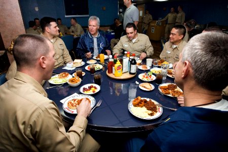 US Navy 070329-N-8591H-014 Jeopardy host Alex Trebek enjoys lunch with USS Kitty Hawk (CV 63) Sailors in the wardroom