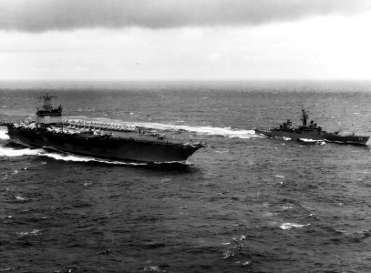 USS Enterprise (CVAN-65) and USS Bainbridge (DLGN-25) underway in the Atlantic Ocean in Feburary 1963