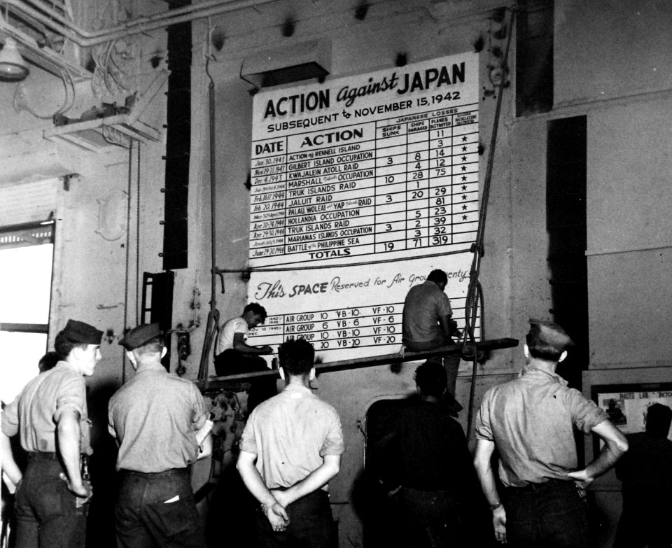 USS Enterprise (CV-6) scoreboard on 20 August 1944 (80-G-280287)