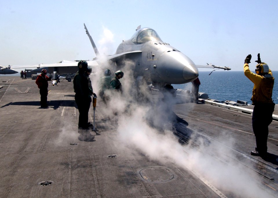 US Navy 070329-N-6854D-002 An F-A-18C Hornet, assigned to the Wildcats of Strike Fighter Squadron (VFA) 131, prepares to launch from the flight deck of Nimitz-class aircraft carrier USS Dwight D. Eisenhower (CVN 69)