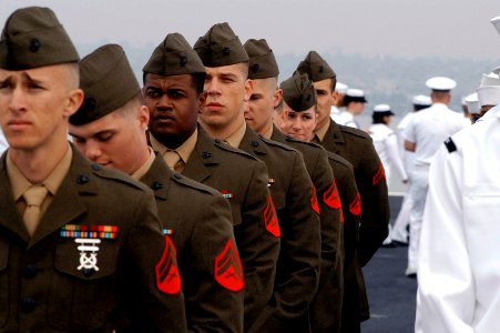 US Navy 070402-N-5484G-080 Marines aboard nuclear-powered aircraft carrier USS Nimitz (CVN 68) prepare to fall out to man the rails