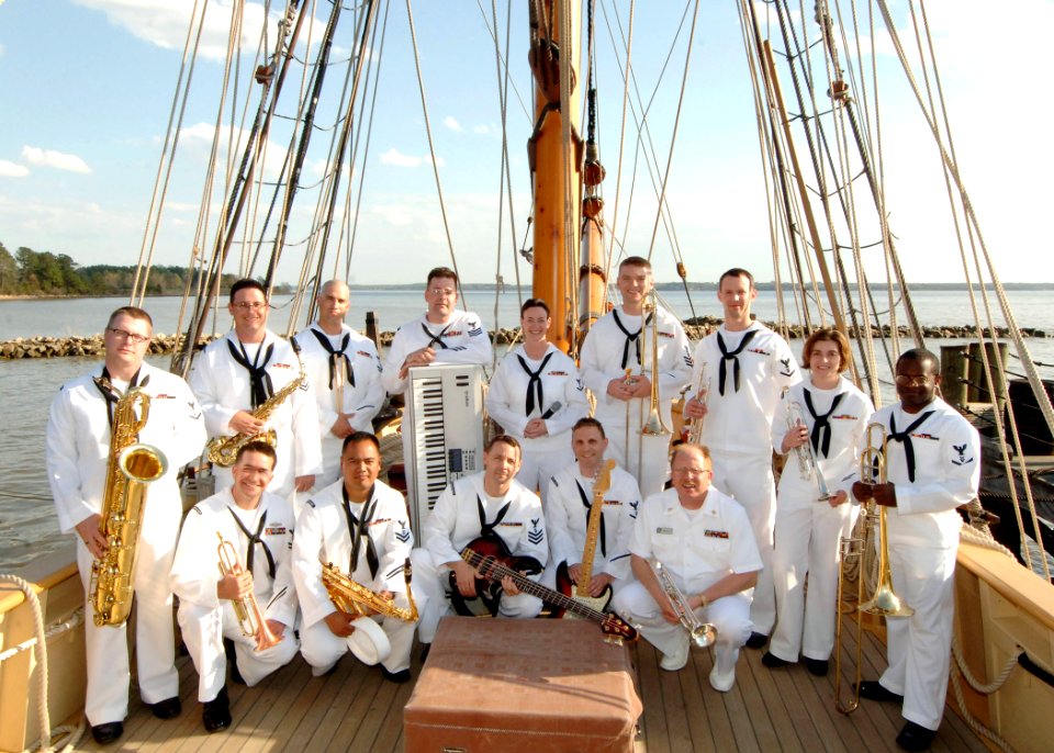 US Navy 070402-N-8704K-012 The Navy Show Band poses for a photo aboard the 17th century sail ship Godspeed, a replica of one of four ships that brought English Colonists to Virginia in 1607