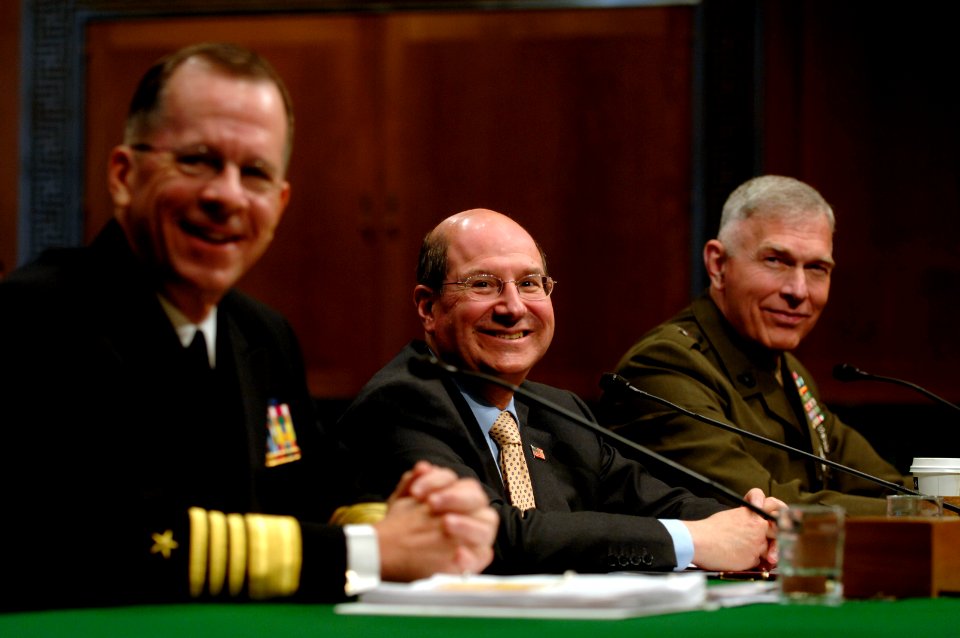 US Navy 070329-N-3642E-419 Secretary of the Navy (SECNAV), the Honorable Dr. Donald C. Winter, Chief of Naval Operations (CNO) Adm. Mike Mullen and Commandant of the Marine Corps Gen. James T. Conway appear before the Senate Ar