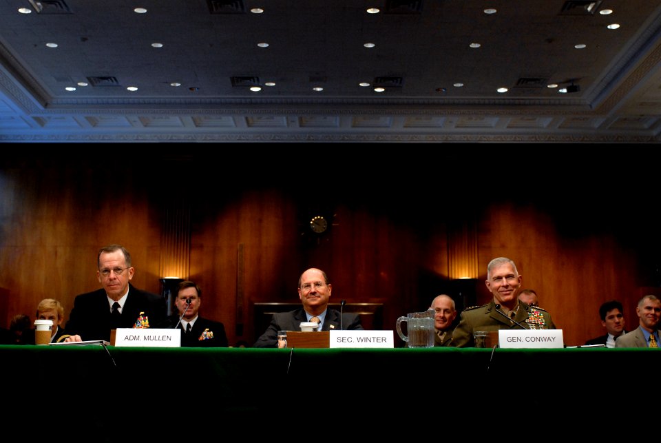 US Navy 070329-N-0696M-132 Chief of Naval Operations (CNO) Adm. Mike Mullen, Secretary of the Navy (SECNAV), the Honorable Dr. Donald C. Winter and Commandant of the Marine Corps Gen. James T. Conway during testimony before the
