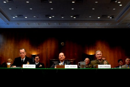 US Navy 070329-N-0696M-132 Chief of Naval Operations (CNO) Adm. Mike Mullen, Secretary of the Navy (SECNAV), the Honorable Dr. Donald C. Winter and Commandant of the Marine Corps Gen. James T. Conway during testimony before the photo