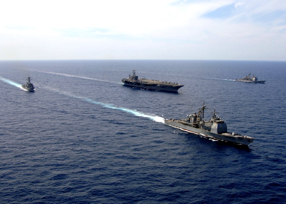 US Navy 070403-N-0535P-326 Elements of USS Harry S. Truman (CVN 75) Carrier Strike Group (CSG), center, led by the Ticonderoga-class cruiser USS San Jacinto (CG 56), bottom-right, transit the Atlantic during a Tailored Ship^rsq