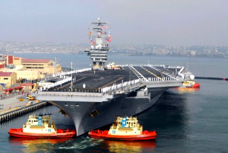 US Navy 070402-N-6326B-068 The nuclear-powered aircraft carrier USS Nimitz (CVN 68) gets underway from Naval Air Station North Island on a scheduled deployment