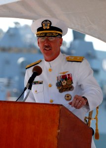 US Navy 070405-N-4965F-011 Commander Naval Surface Group Middle Pacific, Commander Navy Region Hawaii, Rear Adm. T.G. Alexander, delivers his remarks during a change of command ceremony for Destroyer Squadron (DESRON) 31