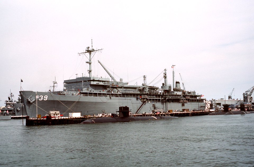 USS Emory S. Land (AS-39) moored at Naval Station Norfolk, Virginia (USA), on 8 October 1983 (6397937)