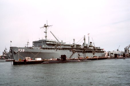 USS Emory S. Land (AS-39) moored at Naval Station Norfolk, Virginia (USA), on 8 October 1983 (6397937) photo