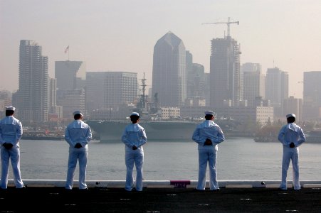 US Navy 070402-N-9760Z-106 Sailors fall into formation before manning the rails on the flight deck aboard nuclear-powered aircraft carrier USS Nimitz (CVN 68)