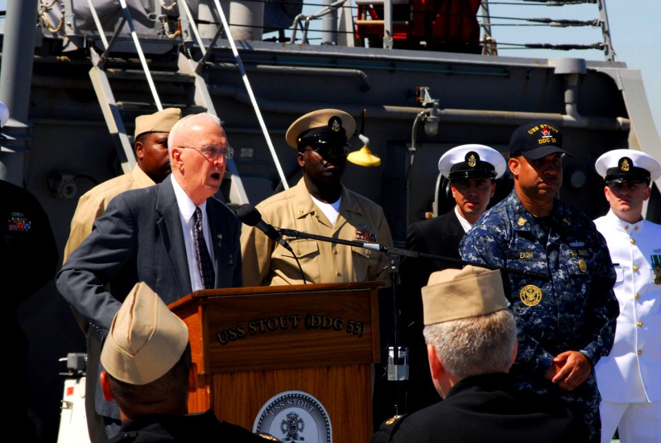 US Navy 070330-N-8132M-184 Retired Master Chief Petty Officer of the Navy (MCPON) Robert J. Walker addresses sailors aboard guided missile destroyer USS Stout (DDG 55)