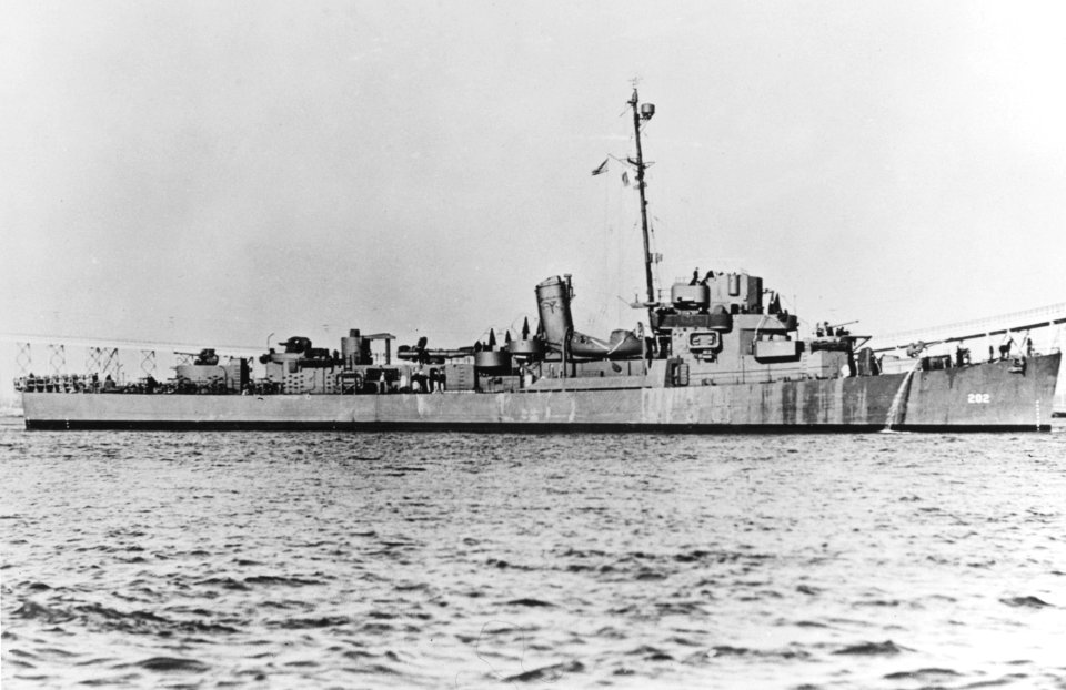 USS Eichenberger (DE-202) off Charleston, South Carolina, circa in 1943 (NH 81346)