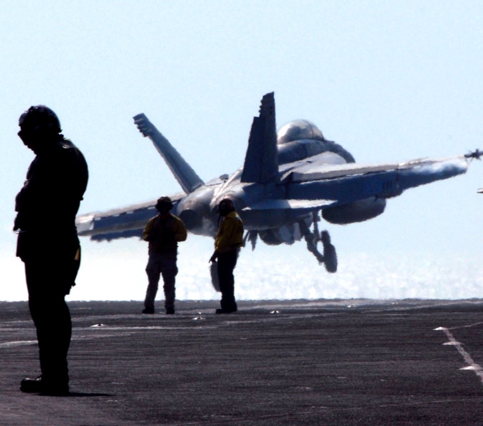 US Navy 070406-N-2659P-087 An F-A-18F Super Hornet, from the Black Knights of Strike Fighter Squadron (VFA) 154, launches from the flight deck of Nimitz-class aircraft carrier USS John C. Stennis (CVN 74)