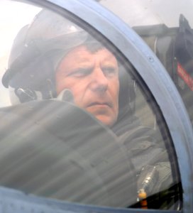 US Navy 070404-N-5345W-019 Commander, Carrier Strike Group (CSG) 10, Rear Adm. William Gortney looks out from the cockpit of an F-A-18F Super Hornet