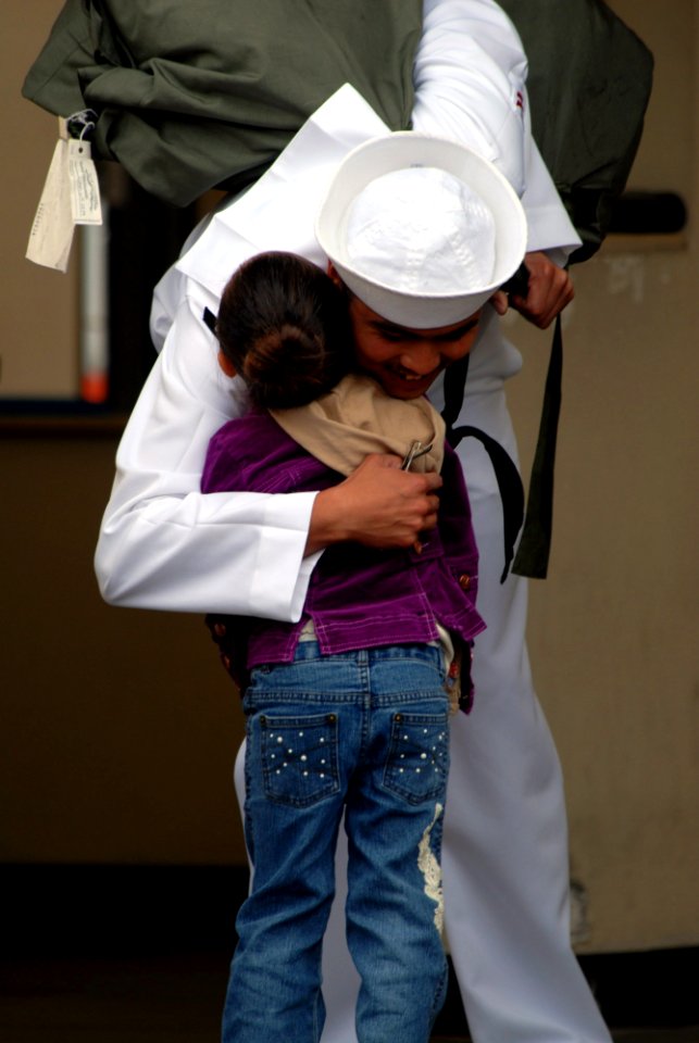 US Navy 070402-N-8273J-115 Fireman David Zavaleta says last-minute goodbyes to family members prior to boarding nuclear-powered aircraft carrier USS Nimitz (CVN 68)