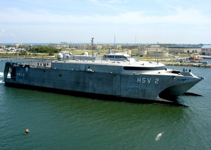 US Navy 070406-N-4049C-039 U.S. Navy High Speed Vessel Swift (HSV 2) enters Naval Station Mayport. Swift has two water jets that can move the ship to speeds greater than 45 knots and bring it into port without using tugboats