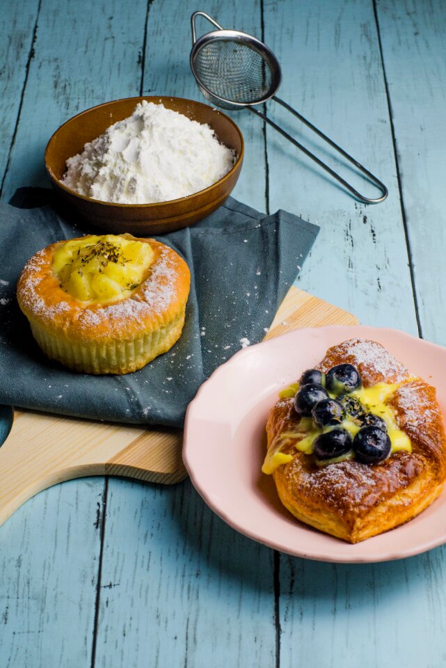 Breakfast blue wooden desk blue bread