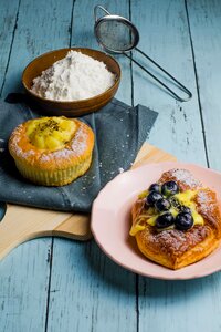 Breakfast blue wooden desk blue bread