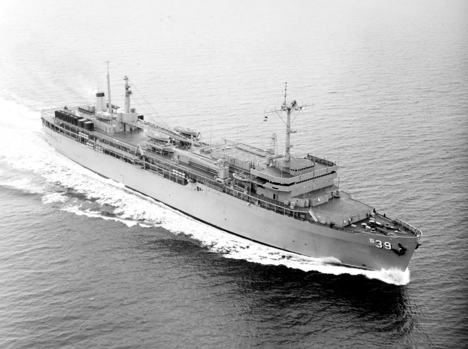 USS Emory S. Land (AS-39) at sea off Seattle, in February 1979 (USN 1174436)