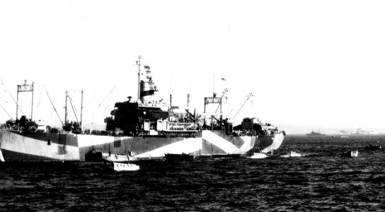 USS Elmore (APA-42) unloading at Okinawa, Japan, in April 1945 (80-G-315360) photo