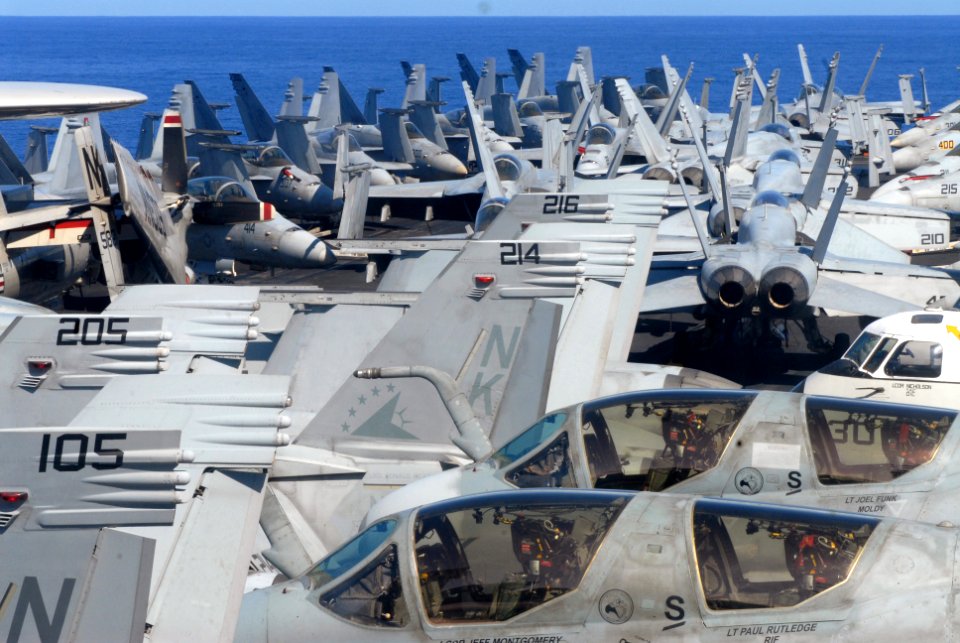 US Navy 070406-N-7730P-011 Aircraft assigned to Carrier Air Wing (CVW) 14 are stacked on the bow of USS Ronald Reagan (CVN 76)