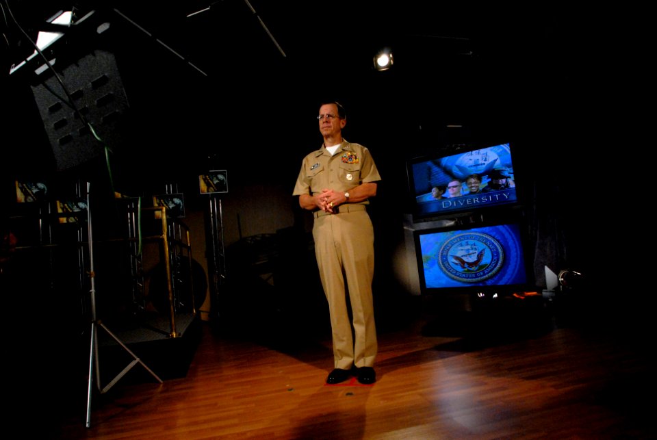 US Navy 070405-N-0696M-091 Chief of Naval Operations (CNO) Adm. Mike Mullen, tapes public service announcements at the Naval Media Center in Washington, D.C
