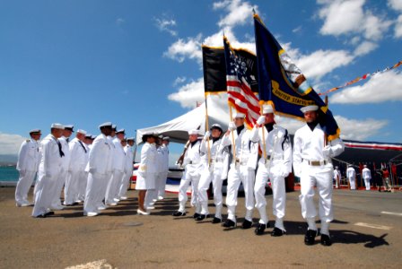 US Navy 070405-N-4965F-010 Sailors assigned to Naval Station Pearl Harbor color guard parade the colors during a change of command ceremony for Destroyer Squadron (DESRON) 31 on board Naval Station Pearl Harbor