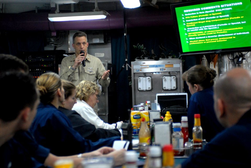 US Navy 070406-N-2959L-521 First class petty officers attend a training seminar on writing enlisted evaluations aboard the aircraft carrier USS Ronald Reagan (CVN 76)