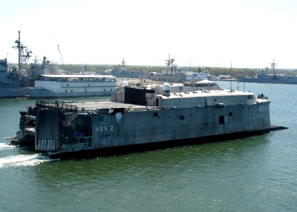 US Navy 070406-N-4049C-044 U.S. Navy High Speed Vessel Swift (HSV 2) enters Naval Station Mayport. Swift has two water jets that can move the ship to speeds greater than 45 knots and bring it into port without using tugboats