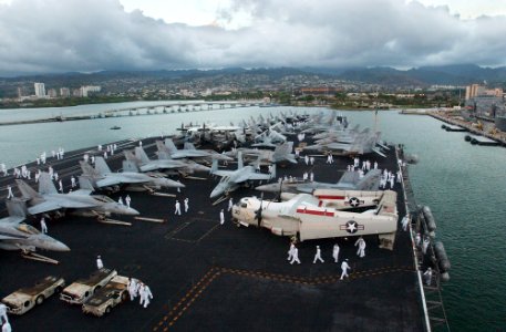 US Navy 070409-N-4009P-313 Sailors aboard the Nimitz-class aircraft carrier USS Ronald Reagan (CVN 76) depart the flight deck after manning the rails as the ship pulled into Pearl Harbor photo
