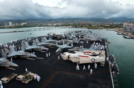 US Navy 070409-N-4009P-313 Sailors aboard the Nimitz-class aircraft carrier USS Ronald Reagan (CVN 76) depart the flight deck after manning the rails as the ship pulled into Pearl Harbor