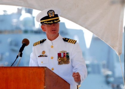 US Navy 070405-N-4965F-019 Commander Destroyer Squadron (DESRON) 31, Capt. R. Bruce Stewart, delivers his remarks during a change of command ceremony on board Naval Station Pearl Harbor