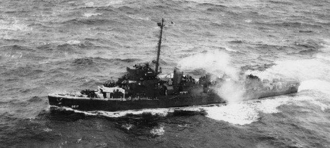 USS Edward C. Daly (DE-17) operating in Alaskan waters on 17 February 1944 (80-G-265350)