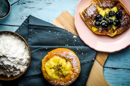 Breakfast top view blue wooden desk