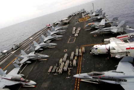 US Navy 070406-N-6326B-067 The flight deck is full and the various planes are all safely secured on a no-fly day aboard nuclear-powered aircraft carrier USS Nimitz (CVN 68)