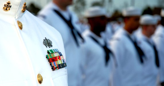 US Navy 070411-N-7367K-003 Seabees attached to U.S. Naval Mobile Construction Battalion (NMCB) 1 stand by for a dress whites inspection at Naval Construction Battalion Center, Gulfport