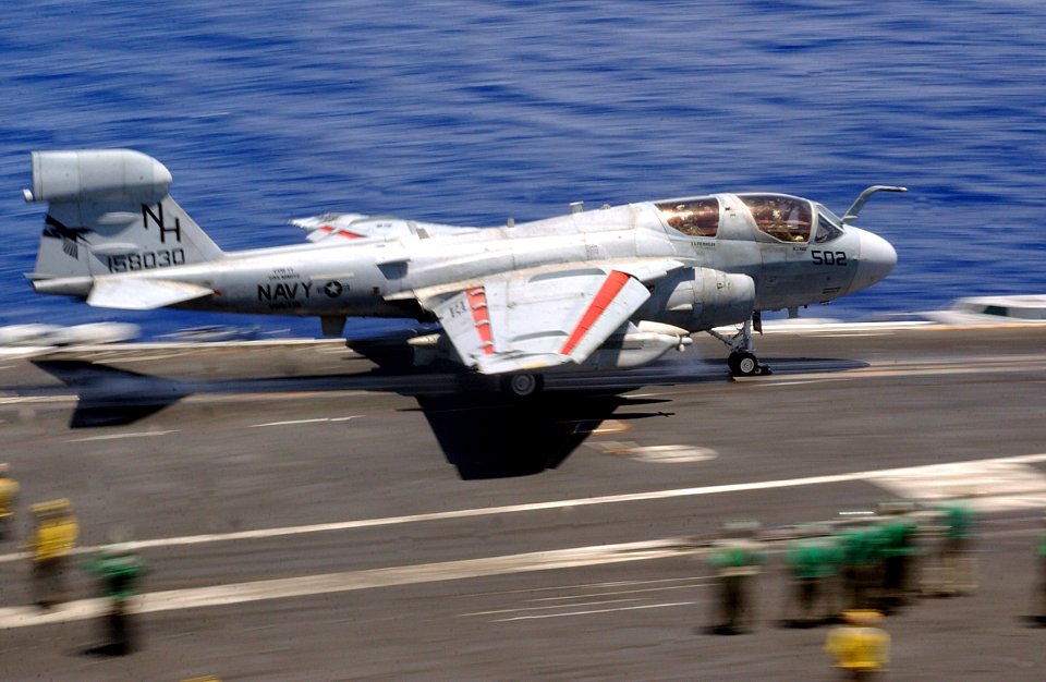 US Navy 070409-N-0890S-019 An EA-6B Prowler assigned to the Black Ravens of Tactical Electronic Warfare Squadron One Three Five (VAQ-135) launches from a catapult on the flight deck of the nuclear-powered aircraft carrier USS N
