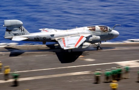 US Navy 070409-N-0890S-019 An EA-6B Prowler assigned to the Black Ravens of Tactical Electronic Warfare Squadron One Three Five (VAQ-135) launches from a catapult on the flight deck of the nuclear-powered aircraft carrier USS N