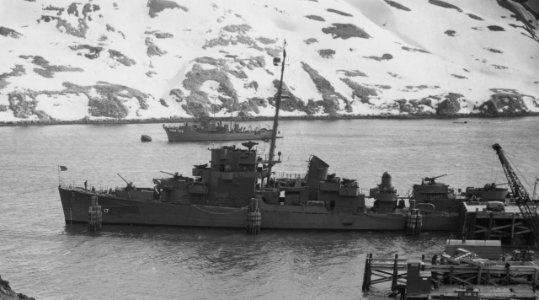 USS Edward C. Daly (DE-17) moored at Finger Bay, Adak, on 3 March 1944 (80-G-221595)