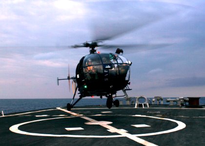 US Navy 070407-N-4953E-002 A Chetak Helicopter from the Indian ship Rajput class destroyer INS Rana (D 52) prepares to land onto the flight deck of the Arleigh Burke-class guided missile destroyer USS Stethem (DDG 63)